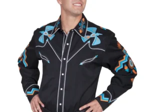 A man wearing a "Western Phoenix" Scully Mens Black Western Shirt.