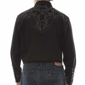 Scully Men's Black Studded Longhorn Embroidered Western Shirt - S to 4X