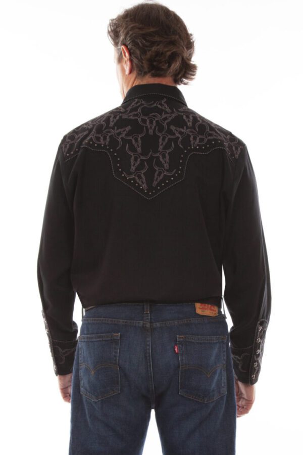 The back of a man wearing jeans and a Steer Head Mens Scully Black Studded Western Shirt.