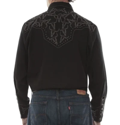 Mens Scully Black pearl snap Steer head Studded Western Shirt.