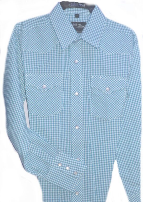 A Mens Lt. Blue check pearl snap gingham western shirt XL.