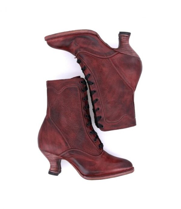 A pair of Eleanor Merlot Wine Leather Womens Granny Boots on a white background.
