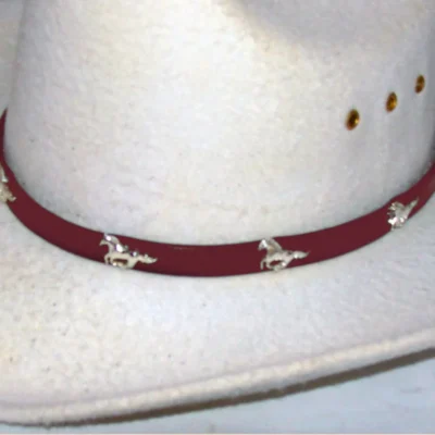 <div class="qsc-html-content"> Cherry Brown Leather Silver Horse Cowboy Hat Band <ul style="list-style: square inside none;"> <li>Sliver plated</li> <li>Size: 3/8" wide</li> <li>Fits up to 26"</li> <li><span style="color: #0000ff;">MADE IN THE U.S.A</span></li> </ul> </div> •