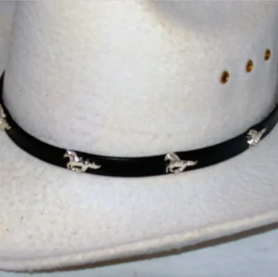 <div class="qsc-html-content"> "Mustang" Black leather cowboy hat band <ul style="list-style: square inside none;"> <li>Sliver plated</li> <li>Size: 3/8" wide</li> <li>Fits up to 26"</li> <li><span style="color: #0000ff;">MADE IN THE U.S.A</span></li> </ul> <strong>Condition:</strong> New Ships approximately 5-9 business days. </div> •