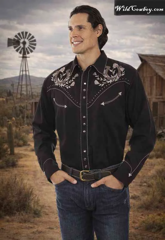 Scully Men's Black Horseshoe Western Shirt - Embroidered - Pearl Snaps - XS to 4X 3 Scully Men's Black Horseshoe Western Shirt - Embroidered - Pearl Snaps