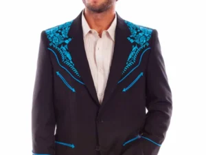 A man wearing a black suit with blue embroidery.