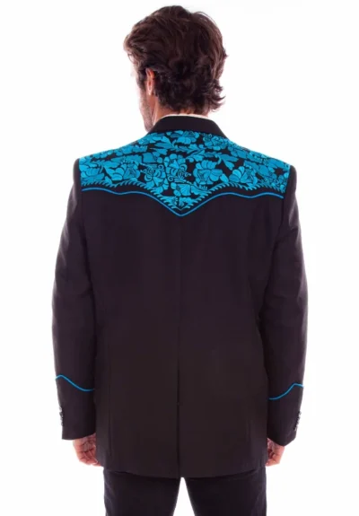 Scully Men's Gunfighter Turquoise Embroidered Black Western Sport Coat sizes 36-56 •