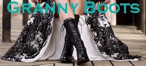 A woman in a dress and boots with the words granny boots.