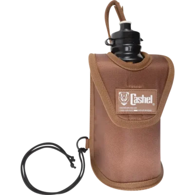 A brown bottle holder with a lanyard attached to it.