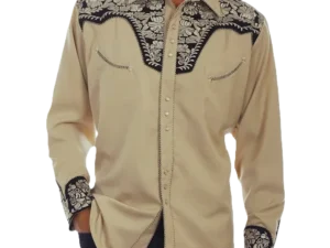 Mens pearl snap black and tan embroidered cowboy shirts