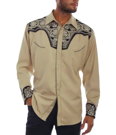 Mens pearl snap black and tan embroidered cowboy shirts