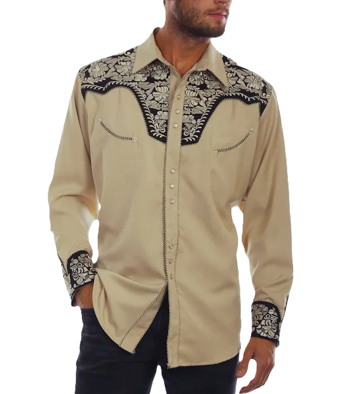 Mens pearl snap black and tan embroidered cowboy shirts