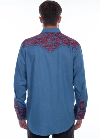 The back view of a man wearing a "Cranberry Gunfighter" Mens Scully Embroidered Blue Cowboy Shirt with red embroidery, a mens embroidered western shirt.