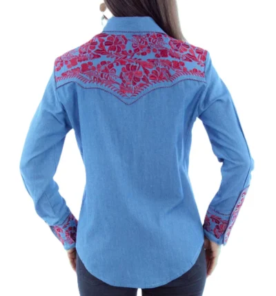 Scully Womens Cranberry Embroidered Blue Denim Western Shirt