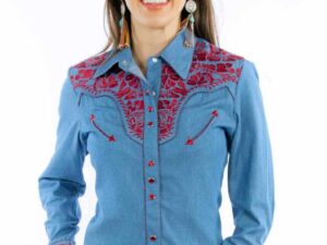 Scully Womens Cranberry Embroidered Blue Western Shirt