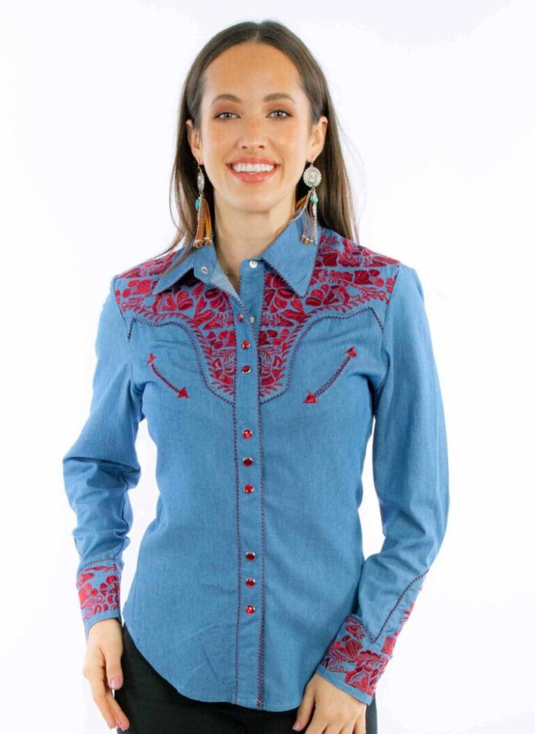 Scully Womens Cranberry Embroidered Blue Western Shirt