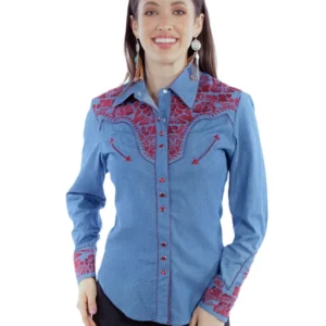 Scully Womens Cranberry Embroidered Blue Denim Western Shirt