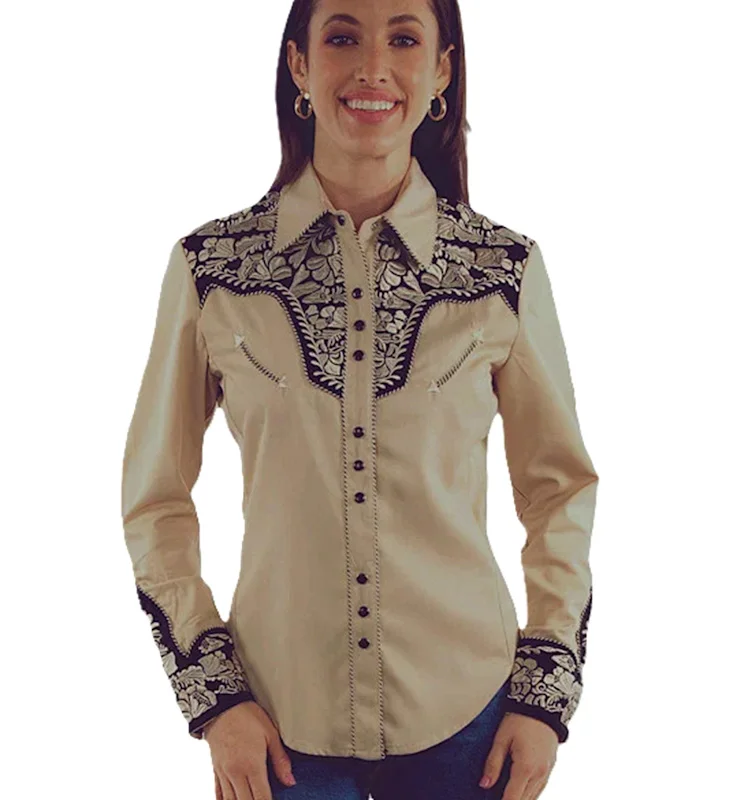 womens pearl snap black and tan embroidered cowboy shirts