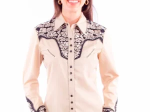 A woman wearing a Scully Two Tone Tan & Black Embroidered Women's Western Shirt.