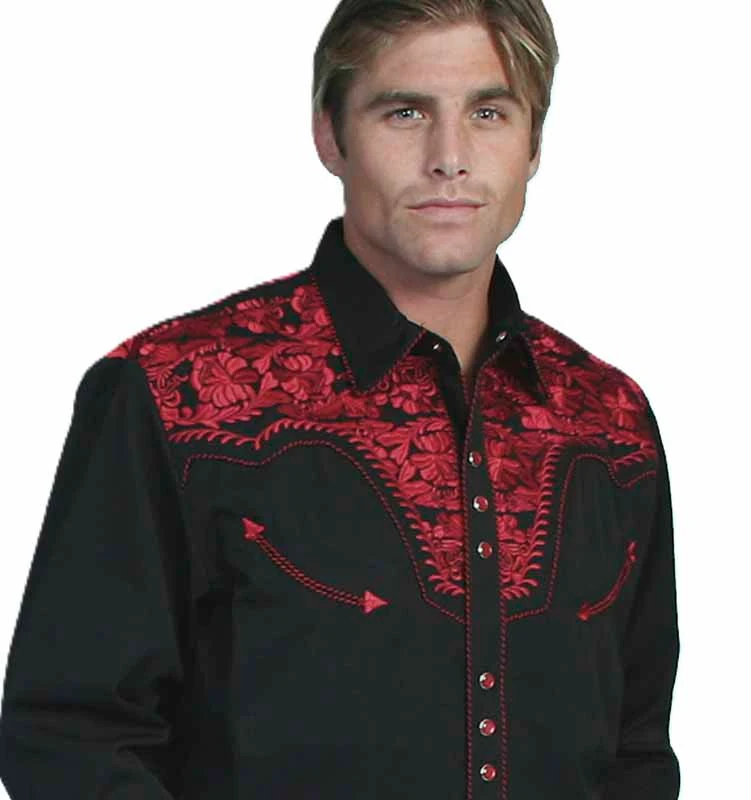 Scully Men's Black & Red Embroidered Western Shirt - Pearl Snap - XS to 4XL 3 Scully Men's Black & Red Embroidered Western Shirt - Pearl Snap