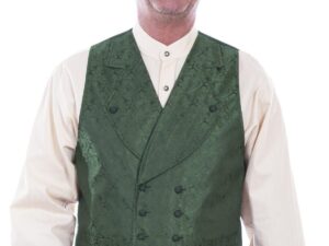 A man wearing a Scully Mens Green Notched Lapel Double Breasted Paisley Vest and tan pants.