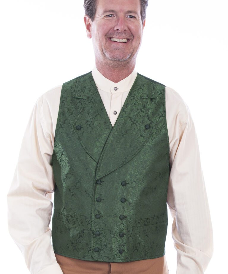 A man wearing a Scully Mens Green Notched Lapel Double Breasted Paisley Vest and tan pants.