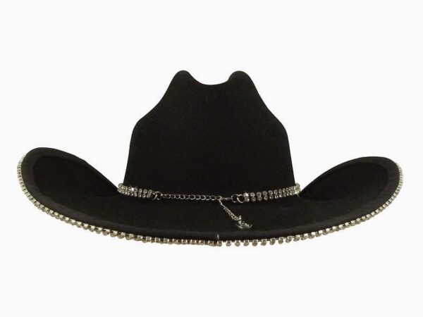 A black cowboy hat with silver studs and Double Row Clear Rhinestone Bounded Edge with Matching Hat Band.
