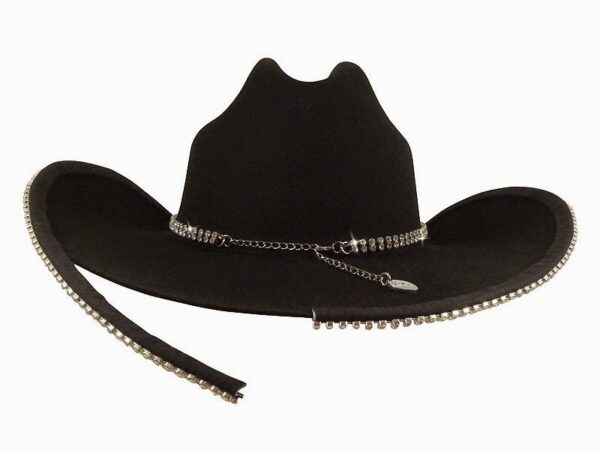 A black cowboy hat with Double Row Clear Rhinestone Bounded Edge and a Matching Hat Band.