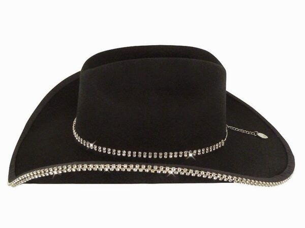 A black cowboy hat with Double Row Clear Rhinestone Bounded Edge with Matching Hat Band for a touch of sparkle.