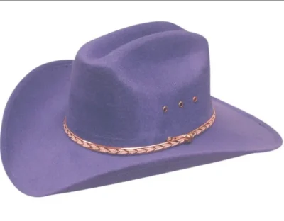 <div class="qsc-html-content"> Kids Faux felt Traditional Purple cowboy hat <ul style="list-style: inside none square;"> <li>Gold hat band</li> <li>BRIM: 3"</li> <li>CROWN: 3 3/4"</li> <li>6-5/8 TO 6-7/8</li> </ul> </div> •