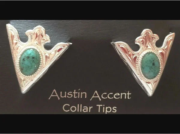 A pair of Small Sterling Silver Turquoise Collar Tips with the words austin accent.
