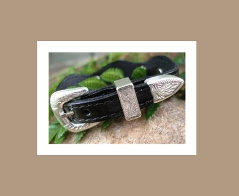 A black leather bracelet with a silver buckle.