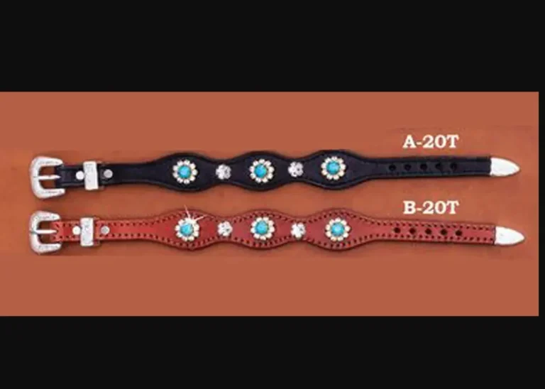 A pair of Turquoise Rhinestone Flower Western Leather Bracelets with turquoise stones and rhinestone accents.