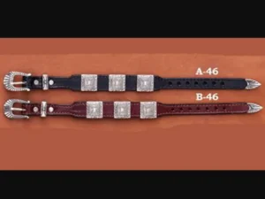 A pair of Square Silver Western Leather Cowboy Bracelet USA made with silver buckles.
