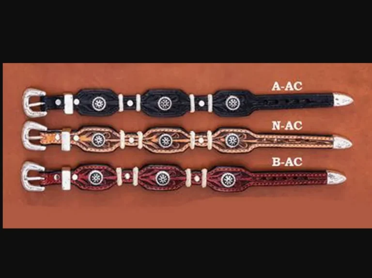 Four different styles of Rawhide Tooled Leather Western Rowel Bracelets are shown on a brown background.