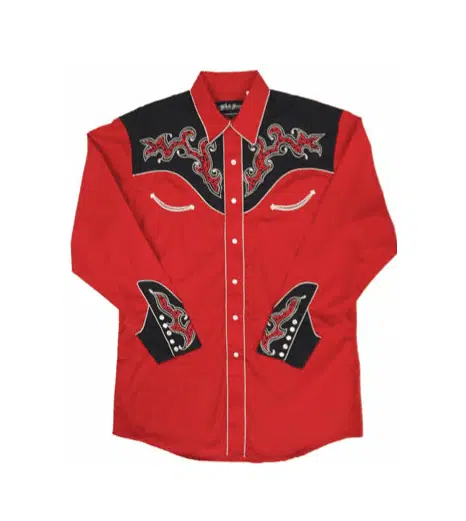 A Men's Rocking Ranch Two Tone Black & Red Western Shirt with black and white embroidery.