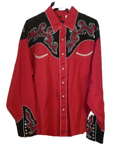 mens red and black embroidered cowboy shirt