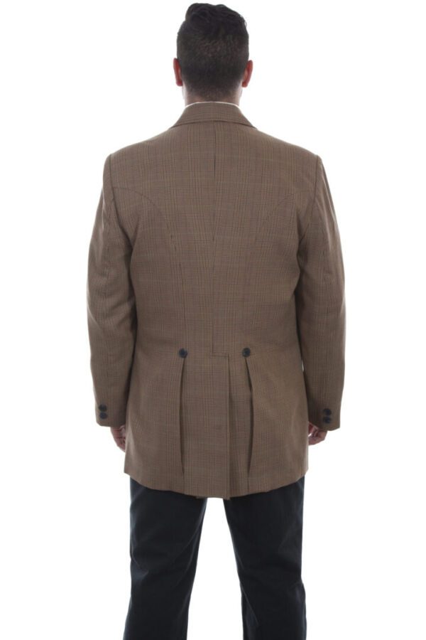 The back view of a man wearing a Mens Scully USA Made 3/4 Brown Plaid Wool Town Coat.