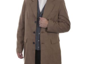 A man in a Mens Scully USA Made 3/4 Brown Plaid Wool Town Coat suit posing for a photo.