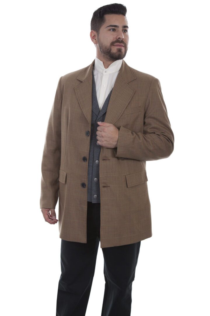 A man in a Mens Scully USA Made 3/4 Brown Plaid Wool Town Coat suit posing for a photo.