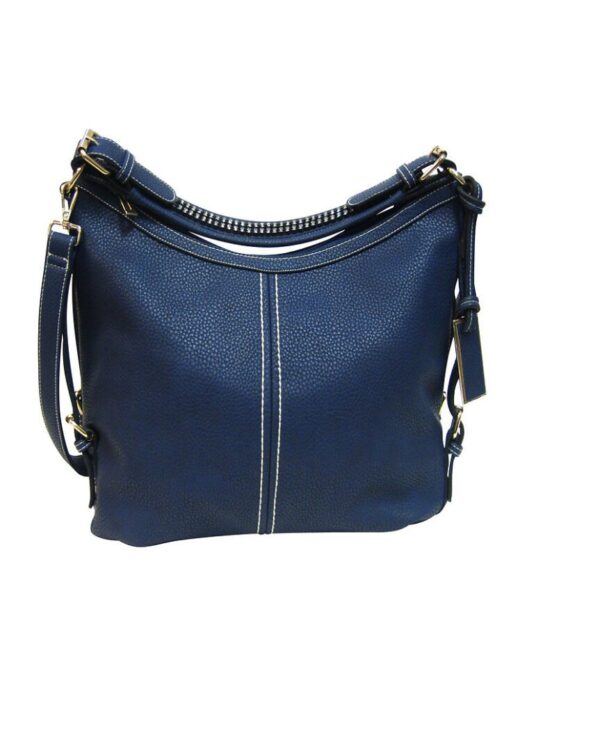 A "Lisa" Women's Vegan Leather Blue Concealed Handbag with a zipper on the side.