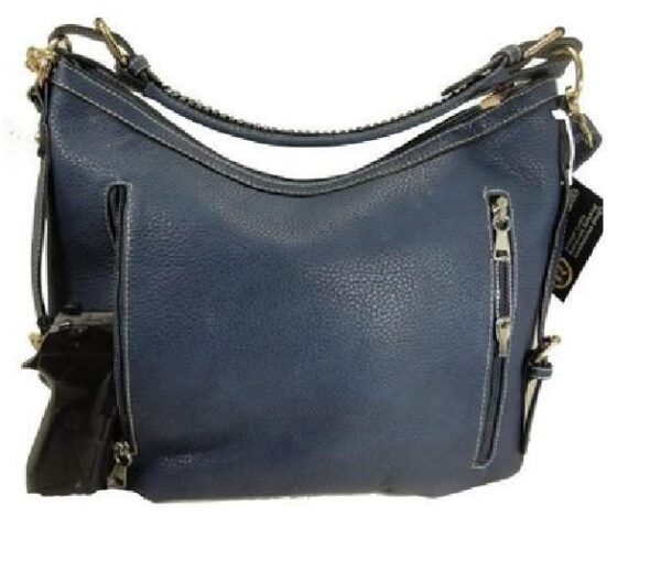 A "Lisa" Women's Vegan Leather Blue Concealed Handbag with a zipper.