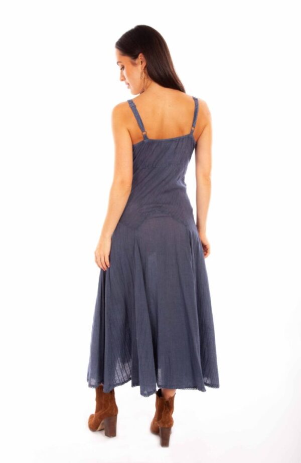 The back view of a woman wearing a Scully Womens Full Length Grey Western Spaghetti Dress.