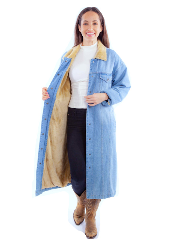 Women's long sherpa lined denim jacket