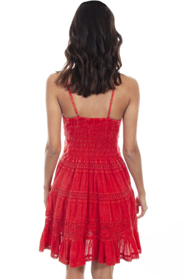 The back view of a woman wearing a Womens Peruvian Cotton Short Western Orange Spaghetti Dress.