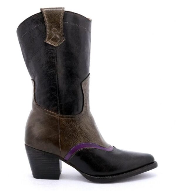A Basanti Side Zipper Purple Striped Black Leather Lace Women's Granny Boot with a hint of purple.