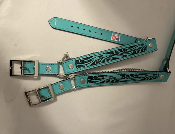 Two Turquoise & Black Tooled Leather Cowboy boot chains with buckles.