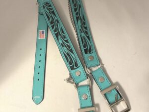 A pair of Turquoise & Black Tooled Leather Cowboy boot chains with silver buckles.