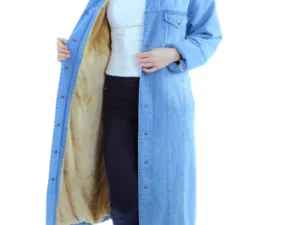 Womens blue denim long jacket fur lined