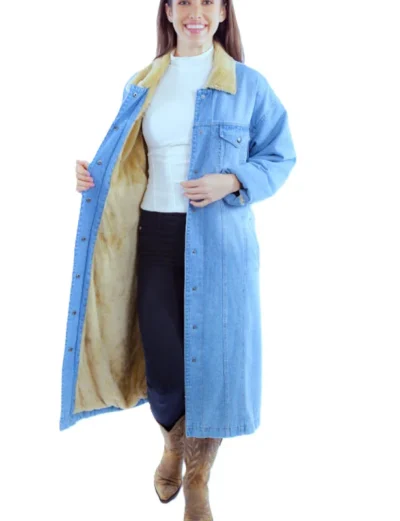 Womens blue denim long jacket fur lined